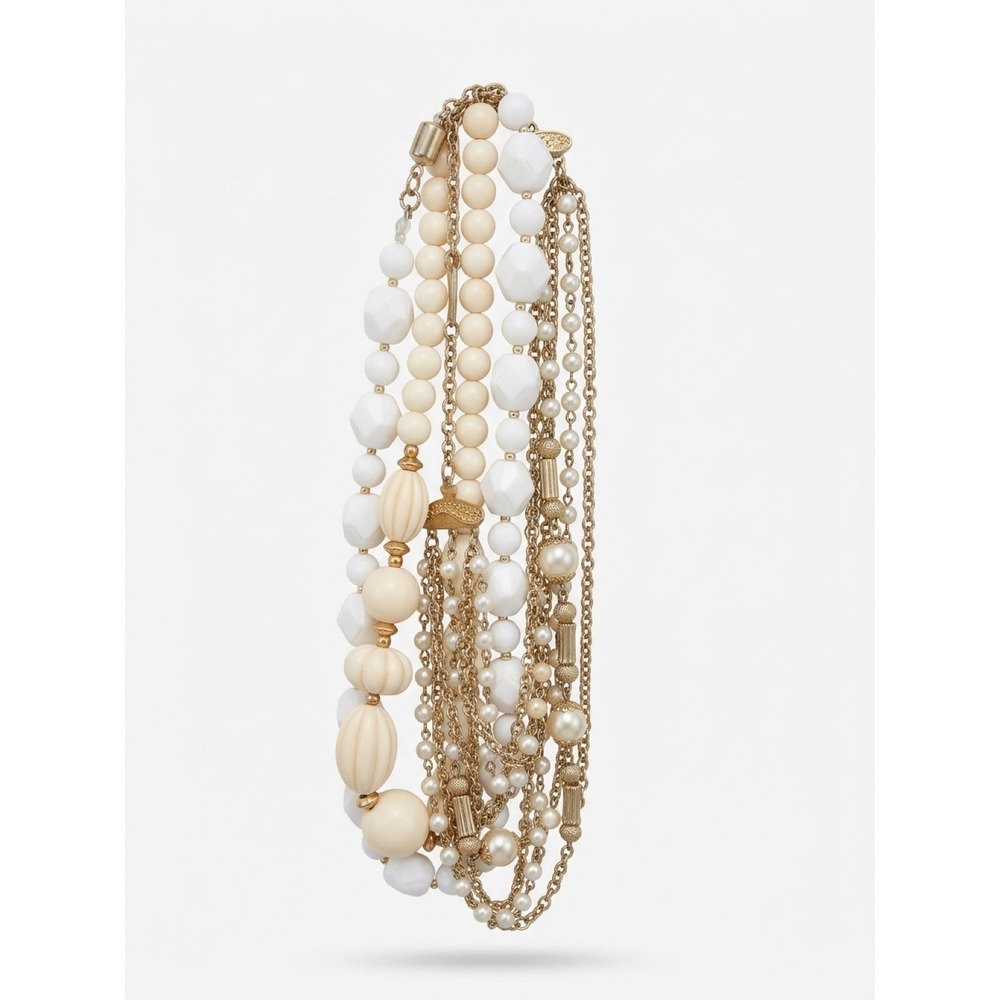 Vintage Multi Strand Old Money Bead Pearl Necklace Gold Tone Boho Statement